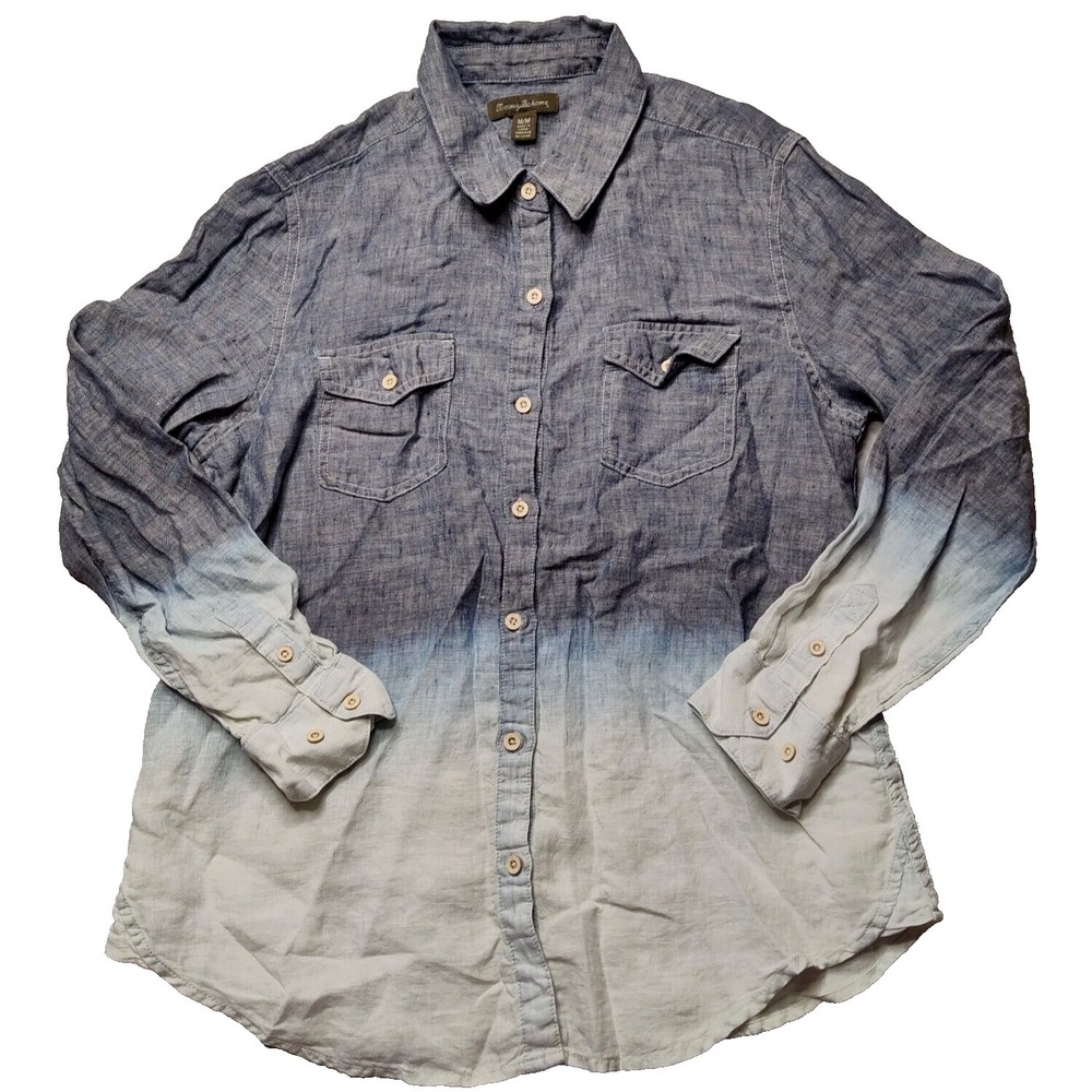 TOMMY BAHAMA 100% LINEN Dip Dye Blue Ombre Button Shirt- Women Medium